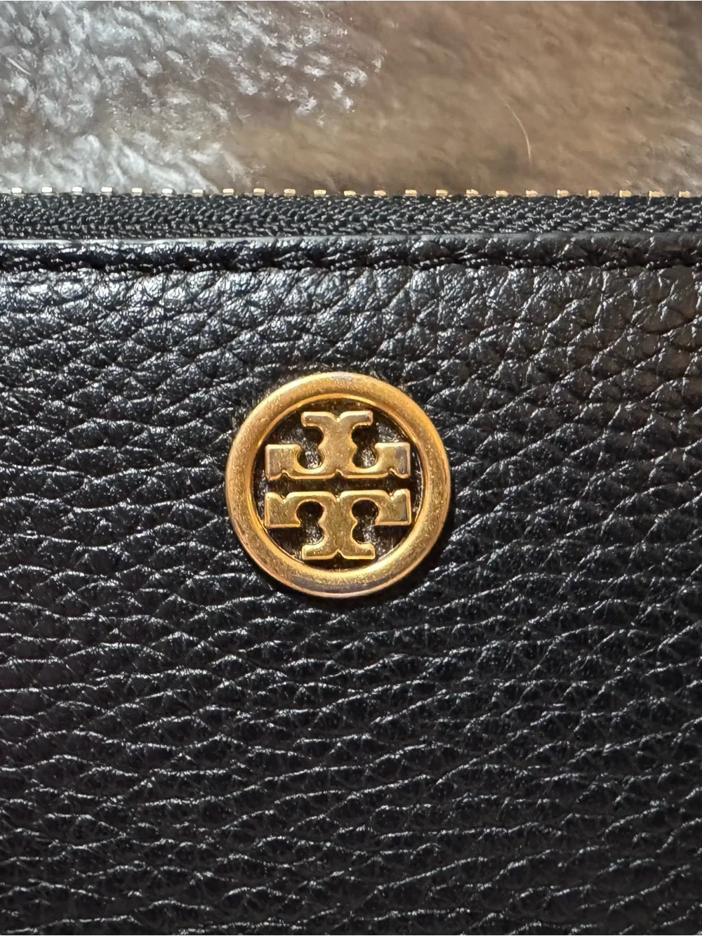 Tory Burch Black Pebbled Leather Zip Wallet with Gold Logo